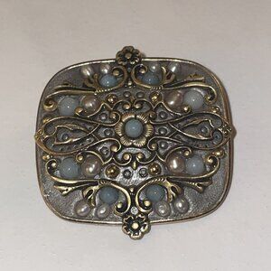 MICHAL GOLAN VTG‎ Pearl Enamel Blue Green Stone Pin Brooch Pendant Floral AL2